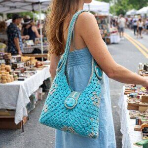 Hand Crafted Crochet Bag Hobo Purse Tote Three Granny Square Cotton Sea Breeze